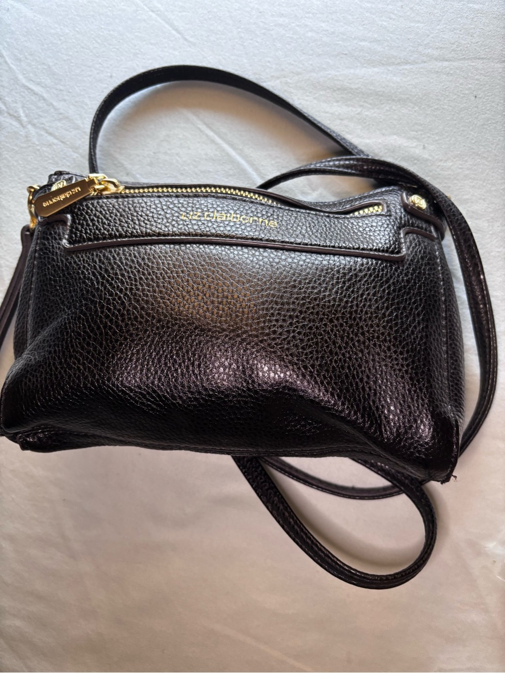 Liz Claiborne Black Pebbled Leather Crossbody Purse with Gold Hardware